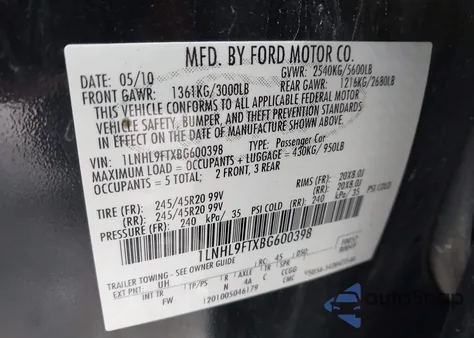 2011 Lincoln Mks Ecoboost from USA, damaged, VIN 1LNHL9FTXBG600398